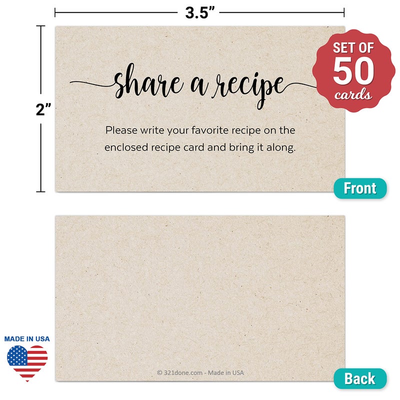 321Done Recipe Request Insert Card (Set of 50) 3.5x2 Rustic Kraft - Small Share a Recipe Card for Bridal Shower, Invitation Insert, Printed on Heavy Cardstock, Matching Recipe Cards - Made in USA - Image 2